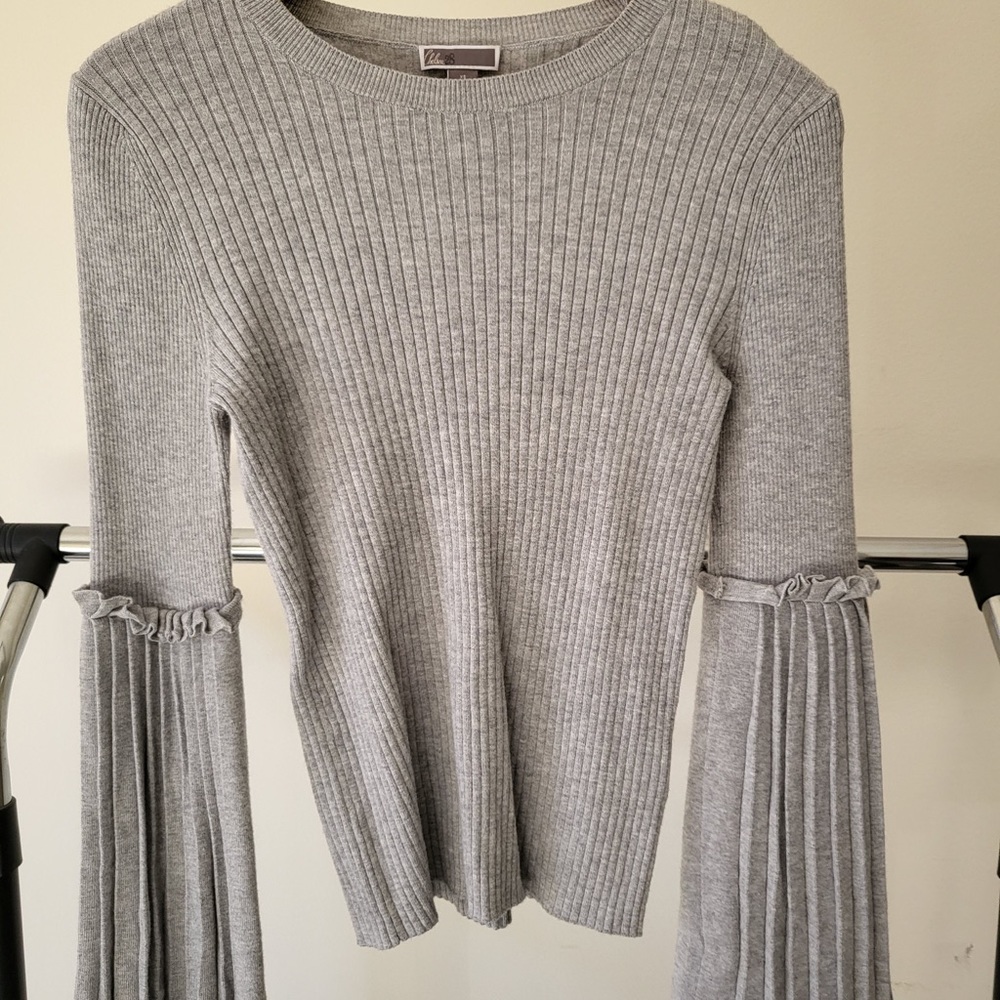 Gray Ribbed Sweater Flared Sleeve